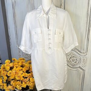 Lane Bryant Linen Blend White 1/4 Button-Down Short Sleeve Top